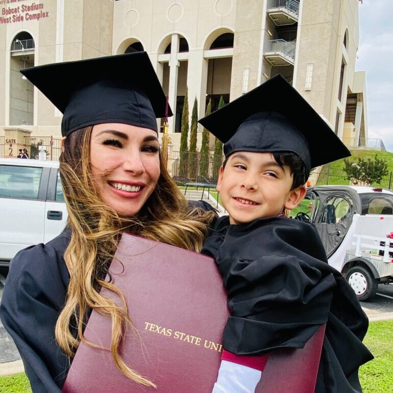 Headshot of Cristina Guajardo and her son in graduation cap and gown
